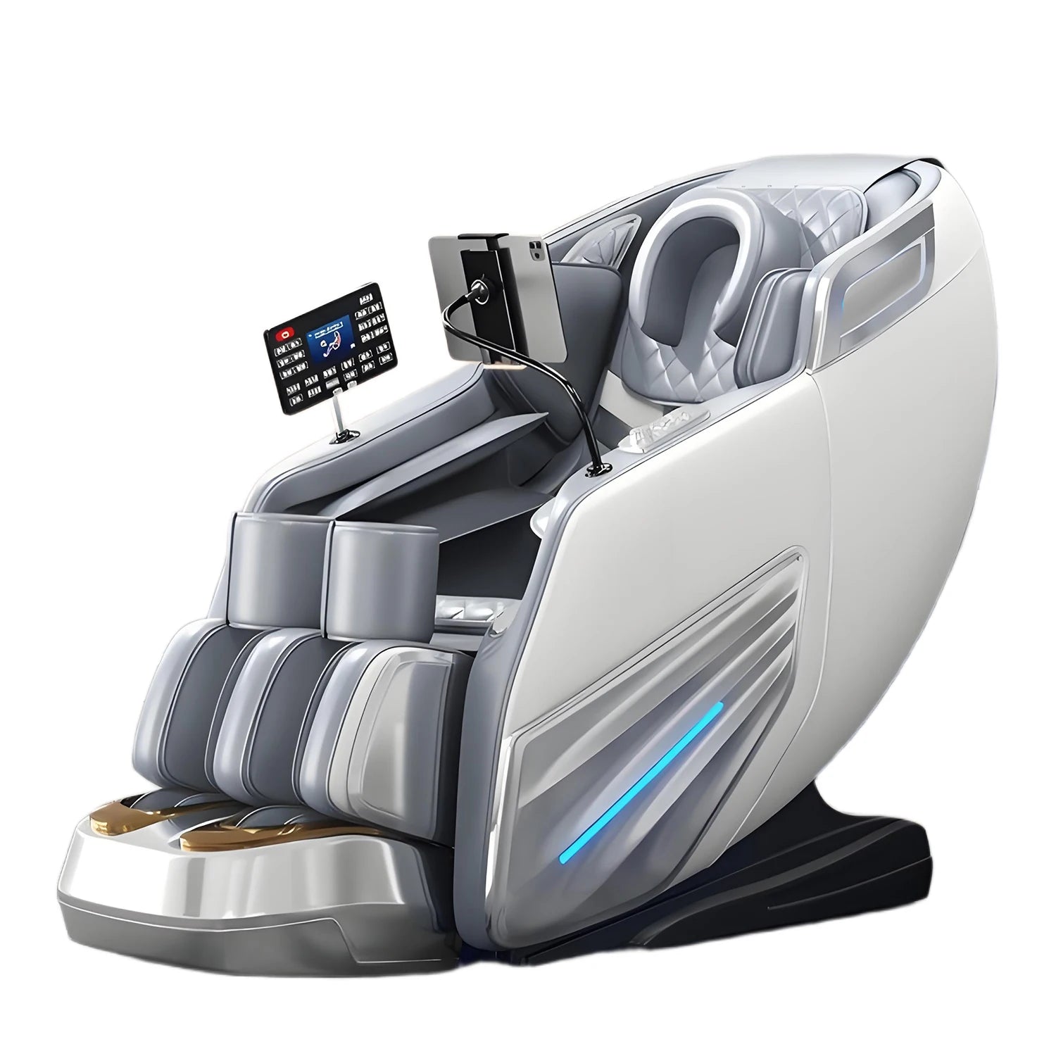 White and grey full-body massage chair with foot massagers, built-in tablet display, and side blue LED lighting.