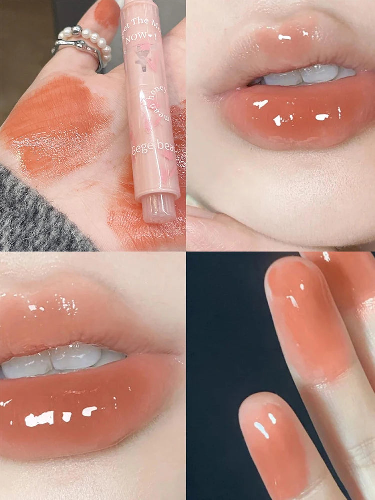 Gege Bear Floral Whisper lipstick: peach glossy jelly finish, moisturizing mirror-shine texture, worn on lips and swatched.
