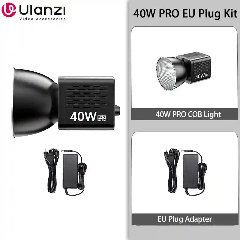 40W PRO COB light kit with black rectangular lamp, metal reflector, and EU plug power adapter for video lighting.
