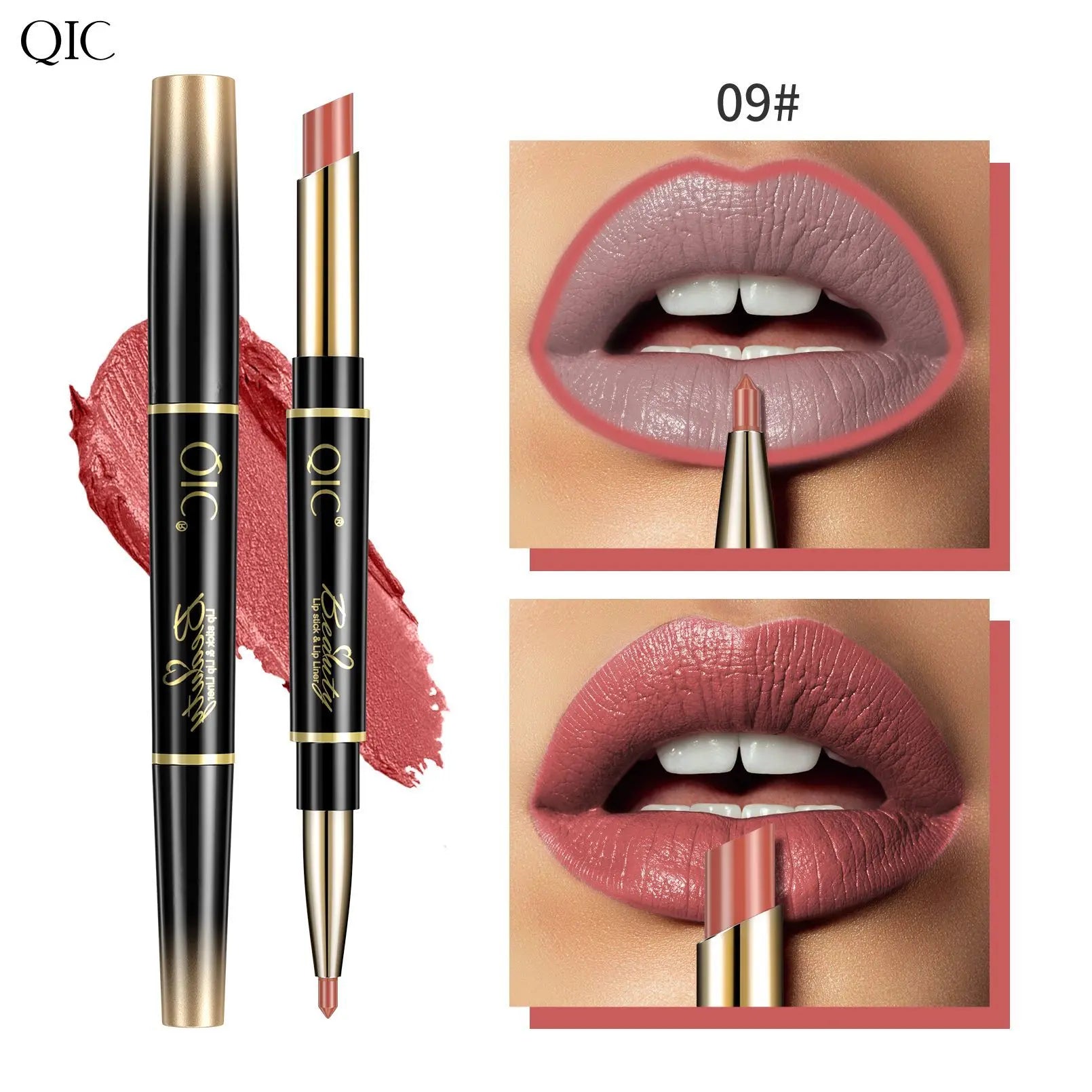 2-in-1 waterproof matte lipstick and lip liner pencil in a long-lasting nude-red shade for defined lip makeup.