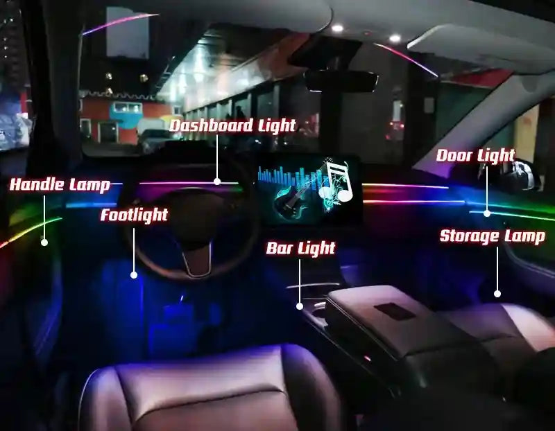 Multi-color LED interior ambient car lighting strips installed in dashboard, doors, handles, and footwells.
