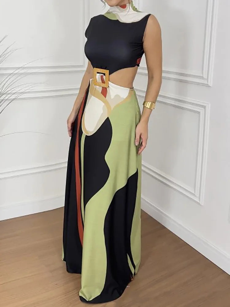 Solid Patchwork Hollow Out Fashion Maxi Dress, Women Summer Sleeveless Simple Party Dress, 2025 New Turtleneck Sexy Ladies Dress