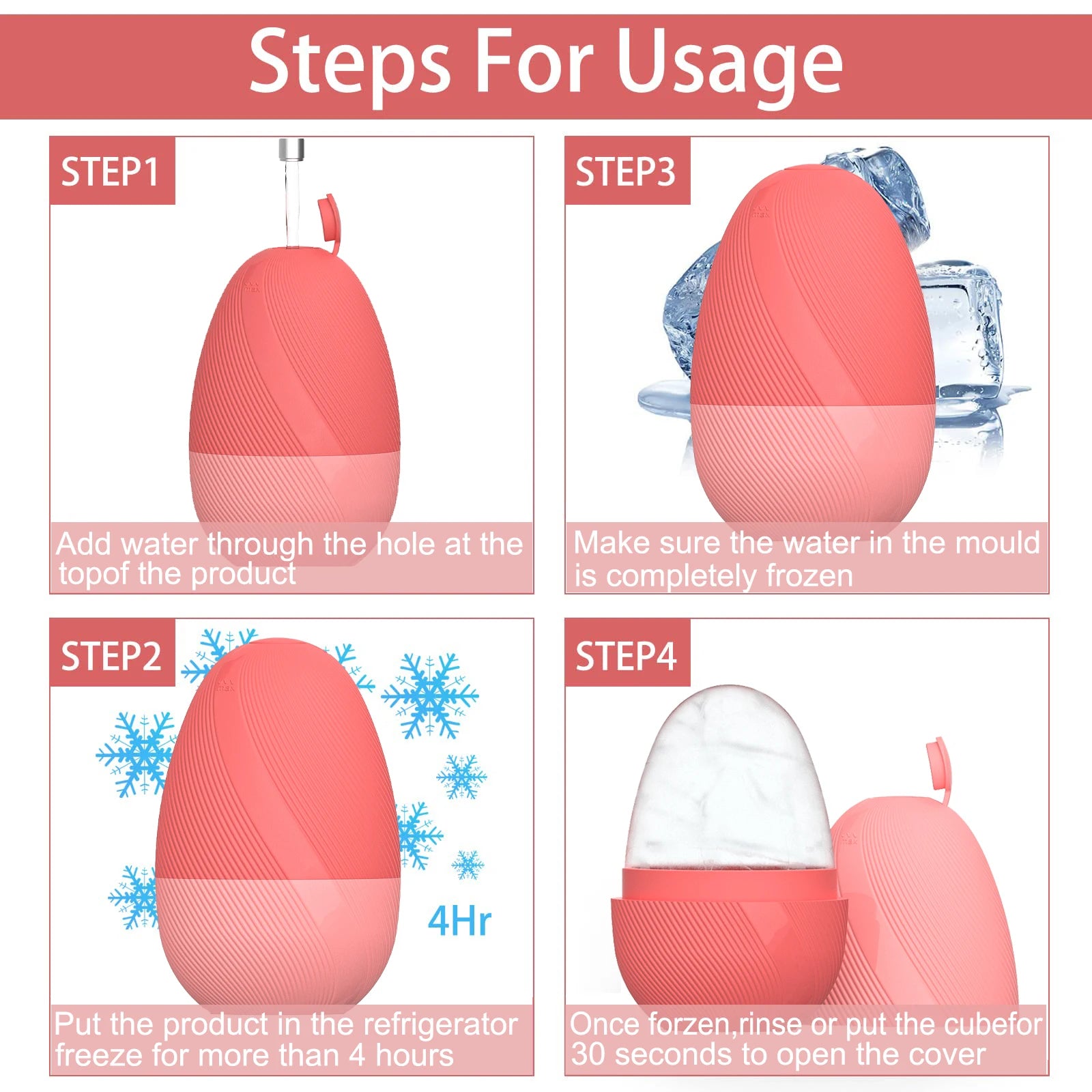 Instructional graphic showing four steps to use a coral-colored, egg-shaped silicone ice face roller mold.