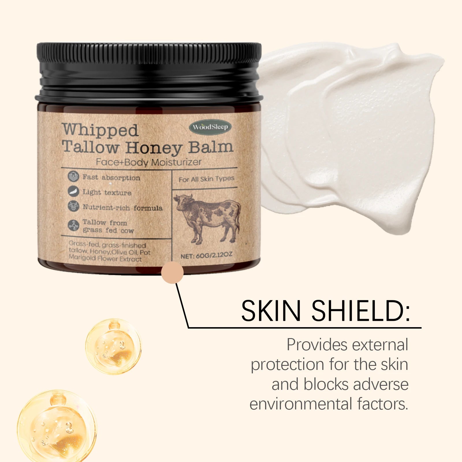 Whipped Beef Tallow Honey Balm Deeply Moisturizer Brightening Fast Absorption Grass Fed Grass Finished Face Cream Body Lotion