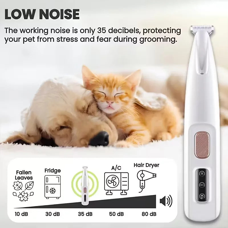 Quiet USB pet hair trimmer for grooming cat and dog paws, face, and ears. Low-noise electric shaver for stress-free pets.