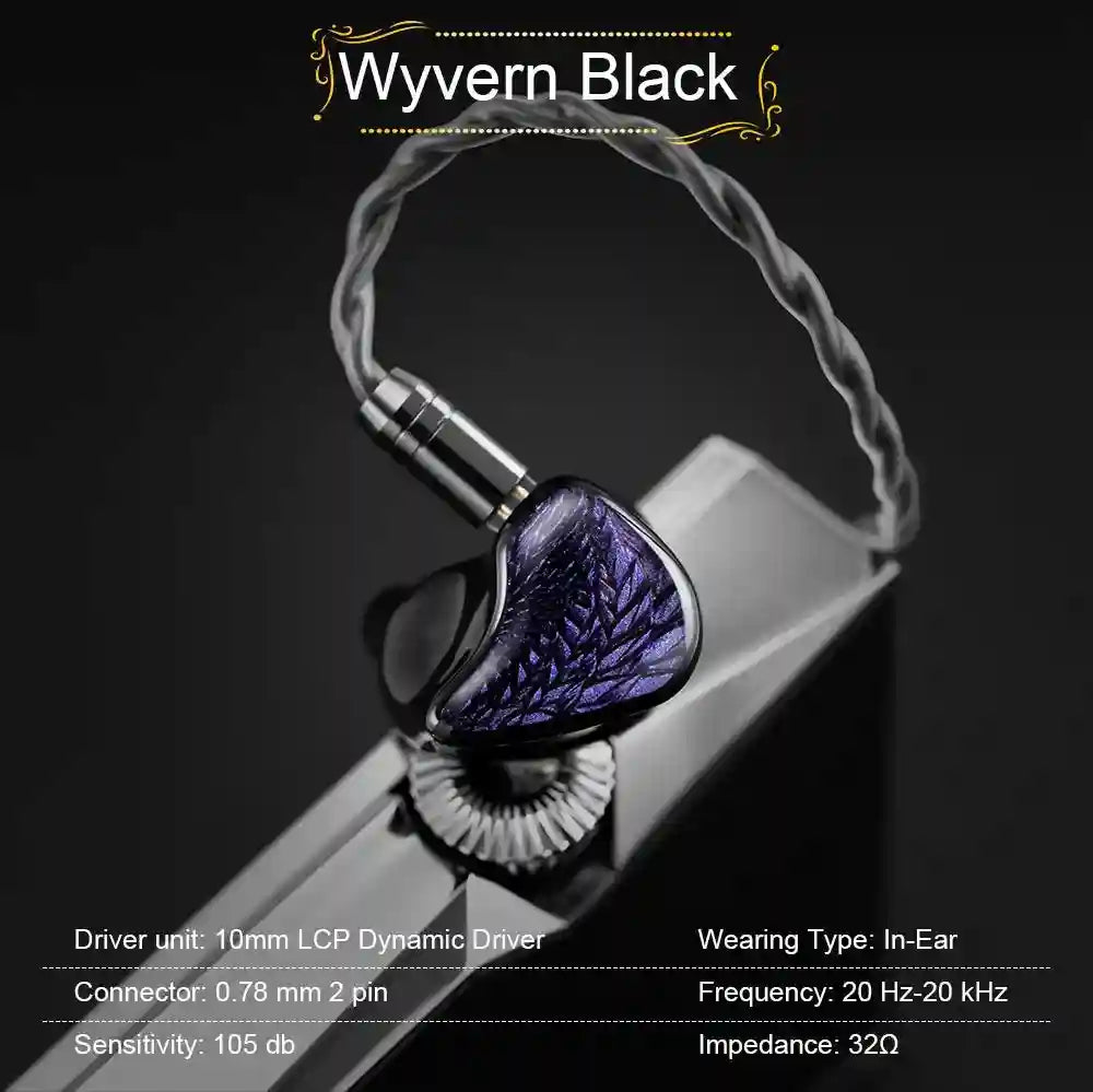 Kinera Celest Wyvern In-Ear Monitors with 10mm LCP Dynamic Driver Wyvern Black 3.5mm Tidesmit