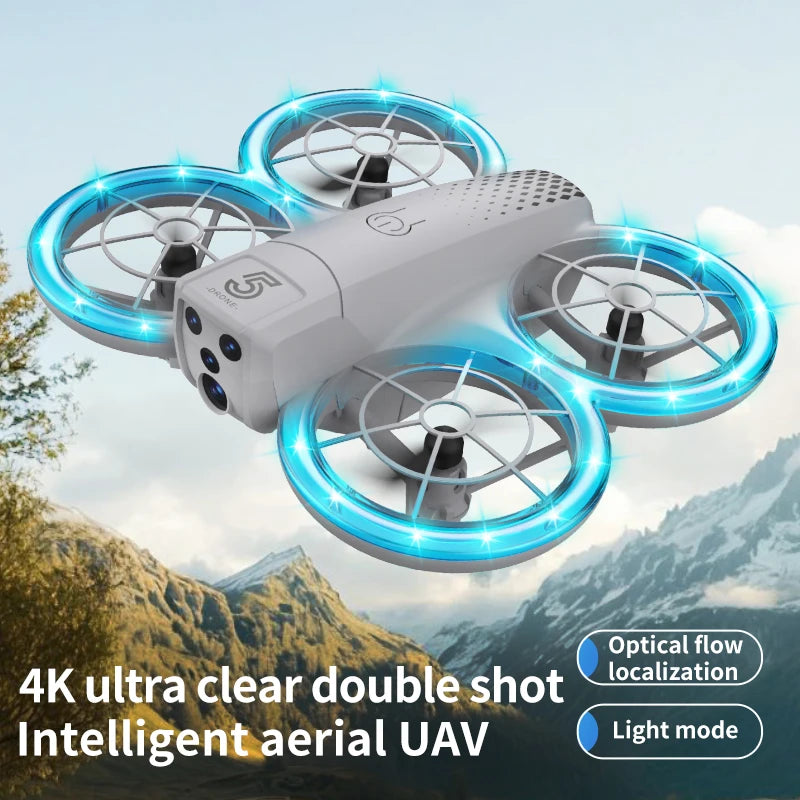 White 4K camera drone with four enclosed propellers, glowing blue light rings, and optical flow stabilization.