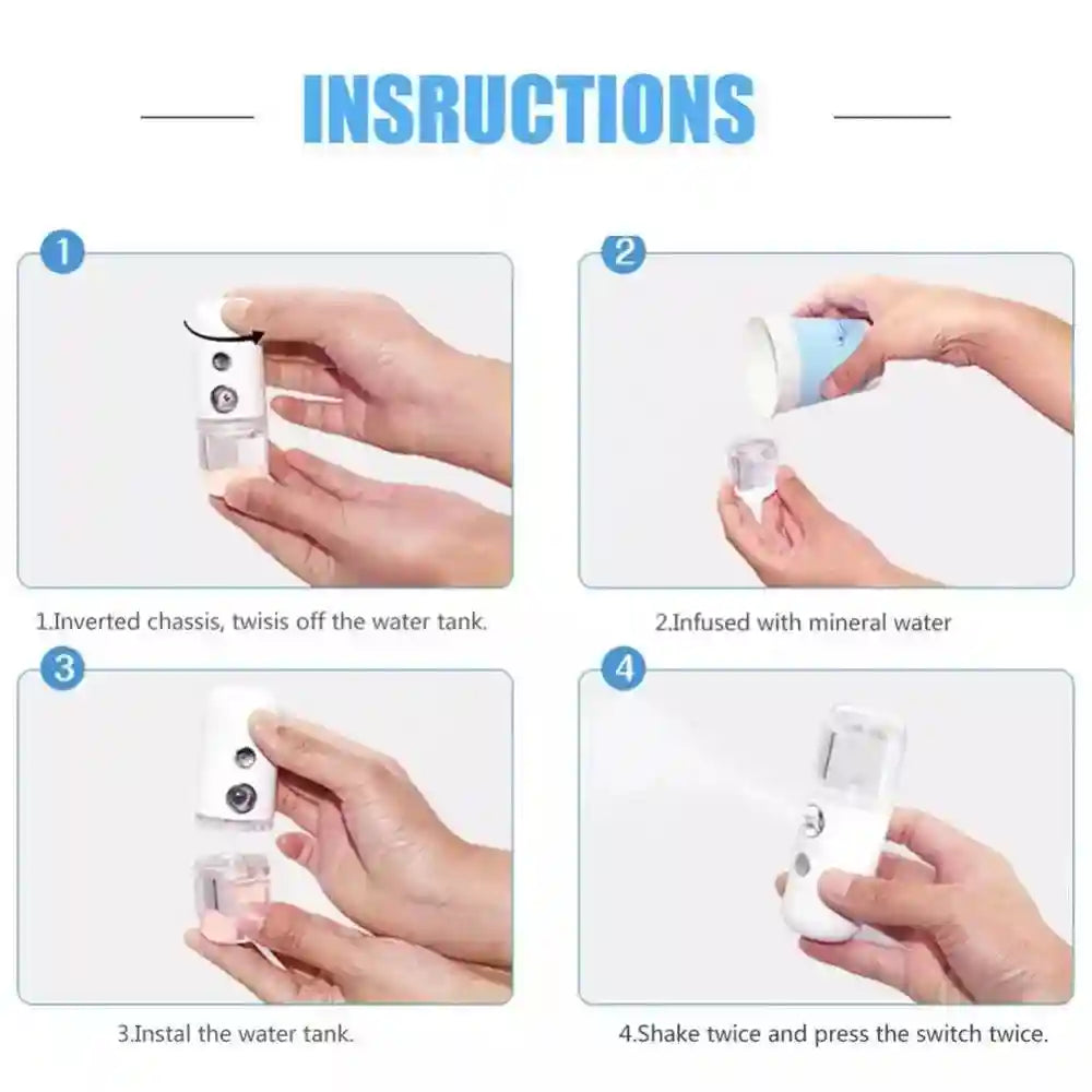 Instructions for portable white nano facial mister sprayer, showing how to fill, assemble, and use for skin hydration.