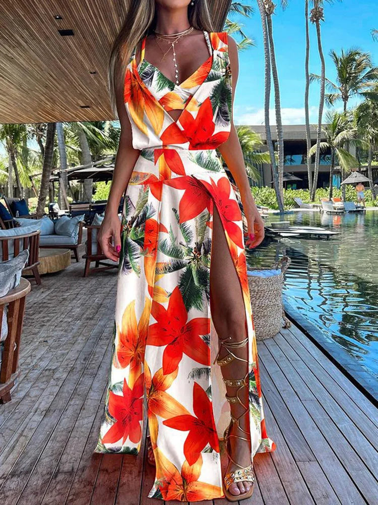 New Sexy Sets Women Summer Beach Style Printed Hollow Out Party Dress Outfit Deep V-Neck Bra Split Dress 2PCS Suits Dropshipping