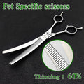 7-inch silver dog grooming thinning shears with bent fishbone design for professional pet hair trimming and blending.