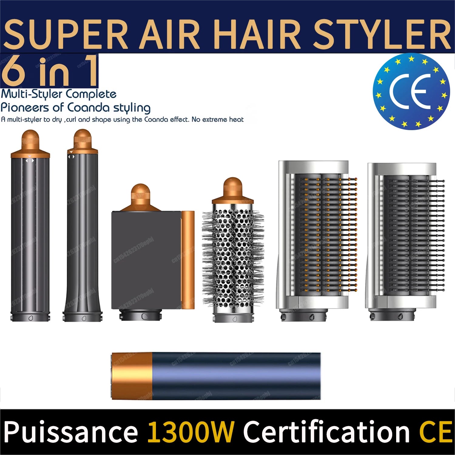 6-in-1 auto curling hair styler set with grey and copper finish, featuring dryer, round brush, and styling attachments.