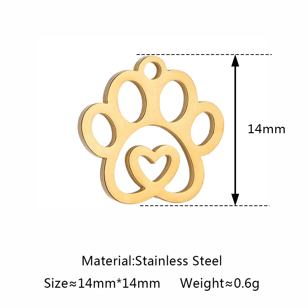 Gold stainless steel paw print heart charm, 14mm DIY jewelry pendant for cat and dog pet necklaces or bracelets.