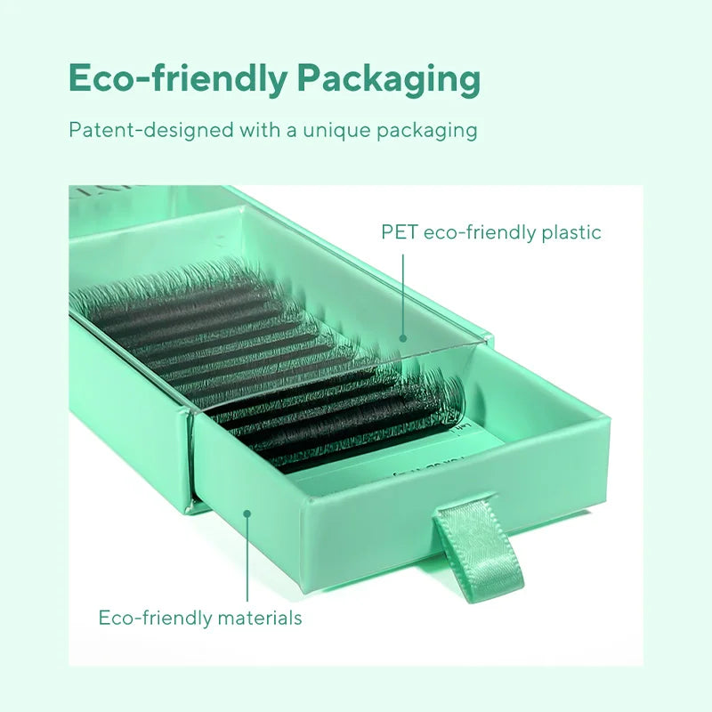 Black U-shaped eyelash extension fans in a mint green eco-friendly drawer box with PET plastic packaging.