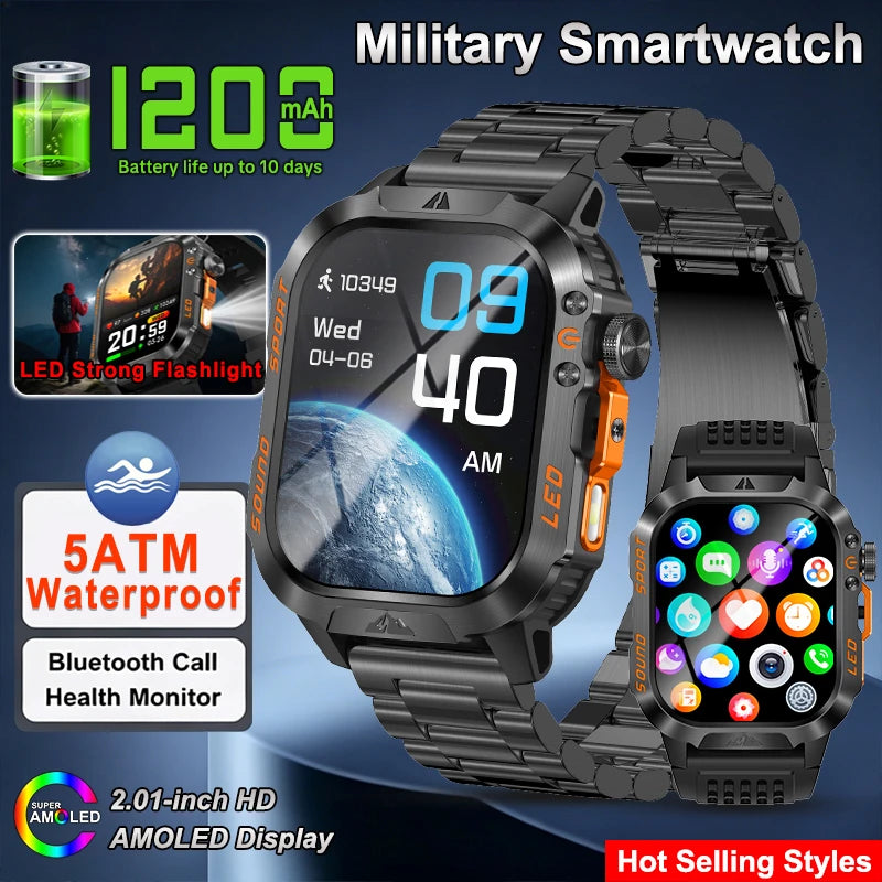 New Military Grade 1200mAh Battery Smartwatch Men 5ATM Waterproof Sports Tracker Flashlight Heart Rate AMOLED Screen Smart Watch
