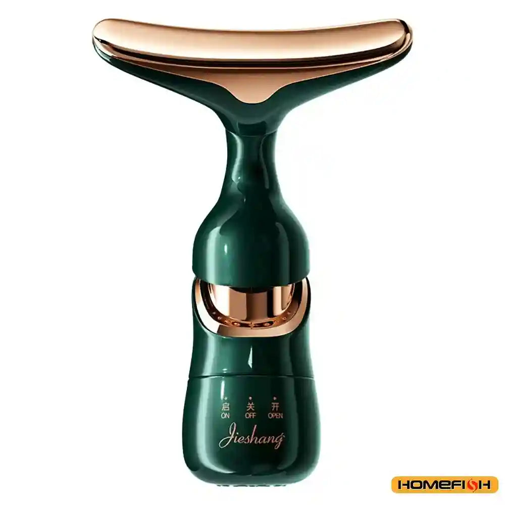 Dark green and rose gold T-shaped facial sculpting device with sonic vibration and light therapy features.