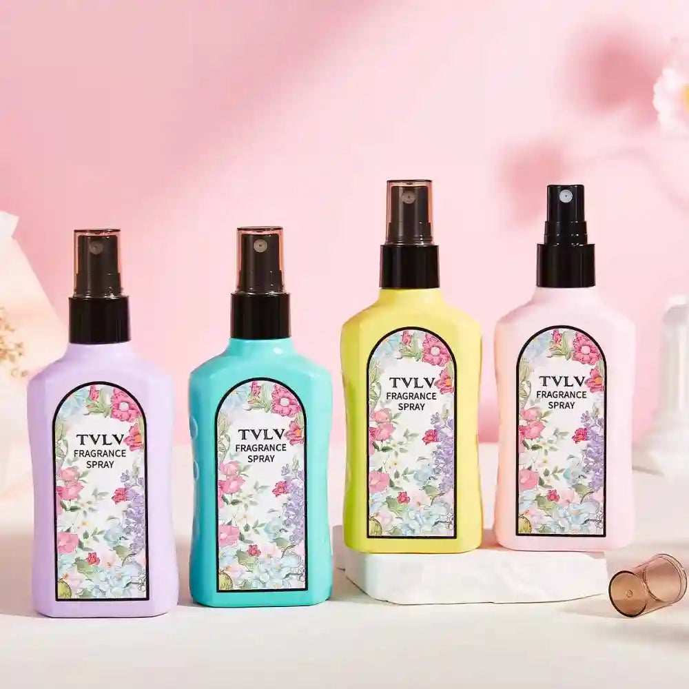 TVLV 4-piece alcohol-free fragrance spray set for men & women. Colorful floral bottles, fresh unisex perfume gift set.