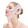 A woman wearing a pale pink face-slimming strap with purple fan patterns, designed to lift the chin and cheeks.