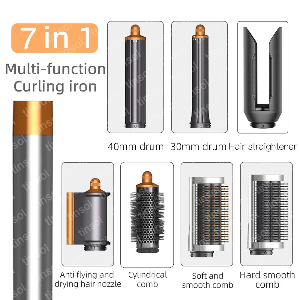 7-in-1 high-speed ionic hair dryer set with gold and grey curling, drying, and styling attachments for salon results.