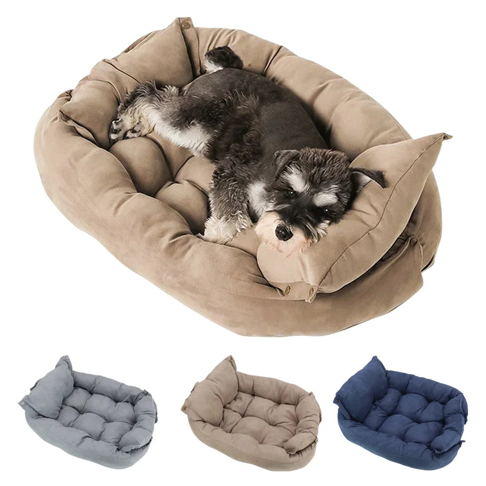 Small dog sleeping on a cozy, plush brown sofa bed for winter warmth, comfort, and relaxation.