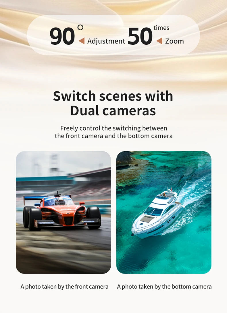Dual-camera drone with 90-degree adjustment and 50x zoom, showing front-facing racing car and downward boat views.