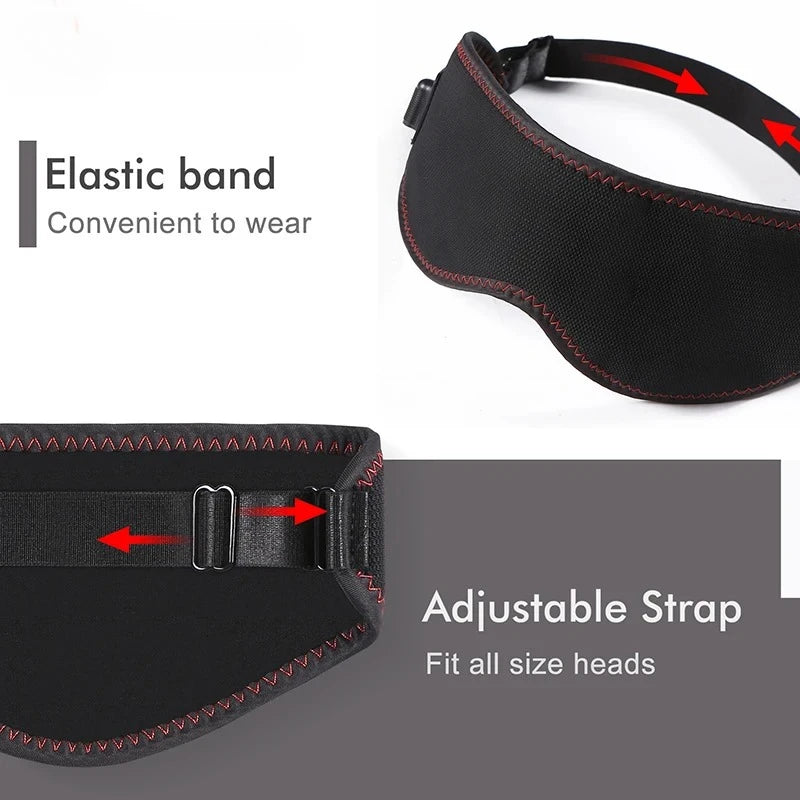 Black heated eye mask with a red stitched trim and an adjustable, flexible elastic strap for a secure fit.