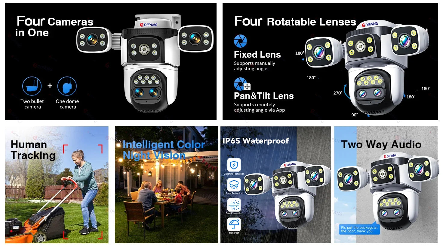 10K Outdoor 10X Optics Zoom WiFi6 Camera 20MP Three screen Four Len PTZ Automatic Tracking 6K Dual Lens Waterproof Security CCTV