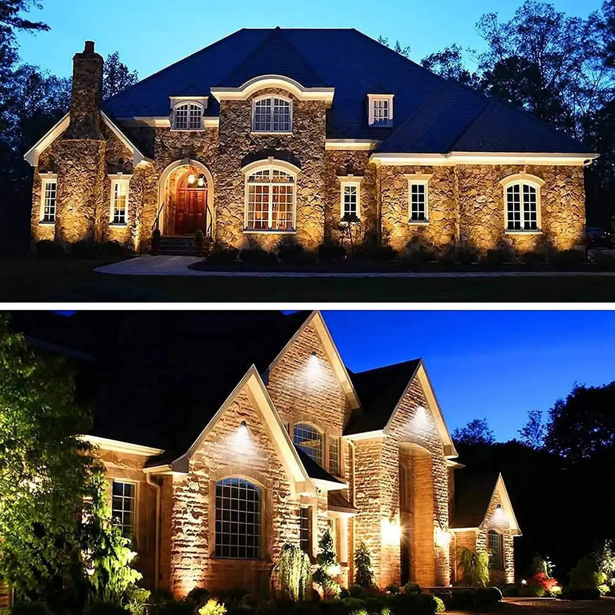 LED landscape lighting highlighting brick house facade windows and arches at night