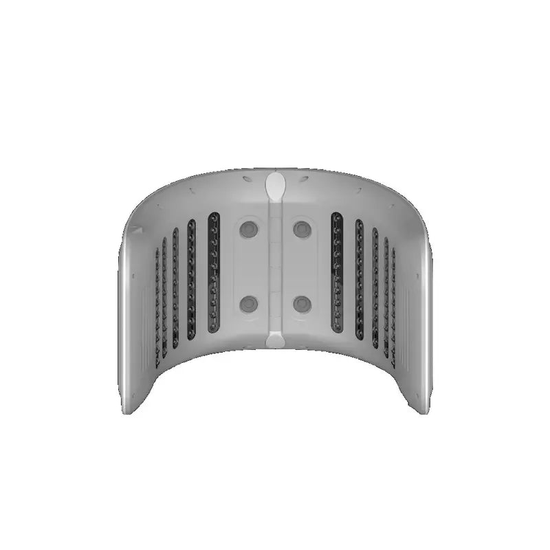 Curved white LED facial light therapy mask with internal ventilation and multiple rows of treatment lights.