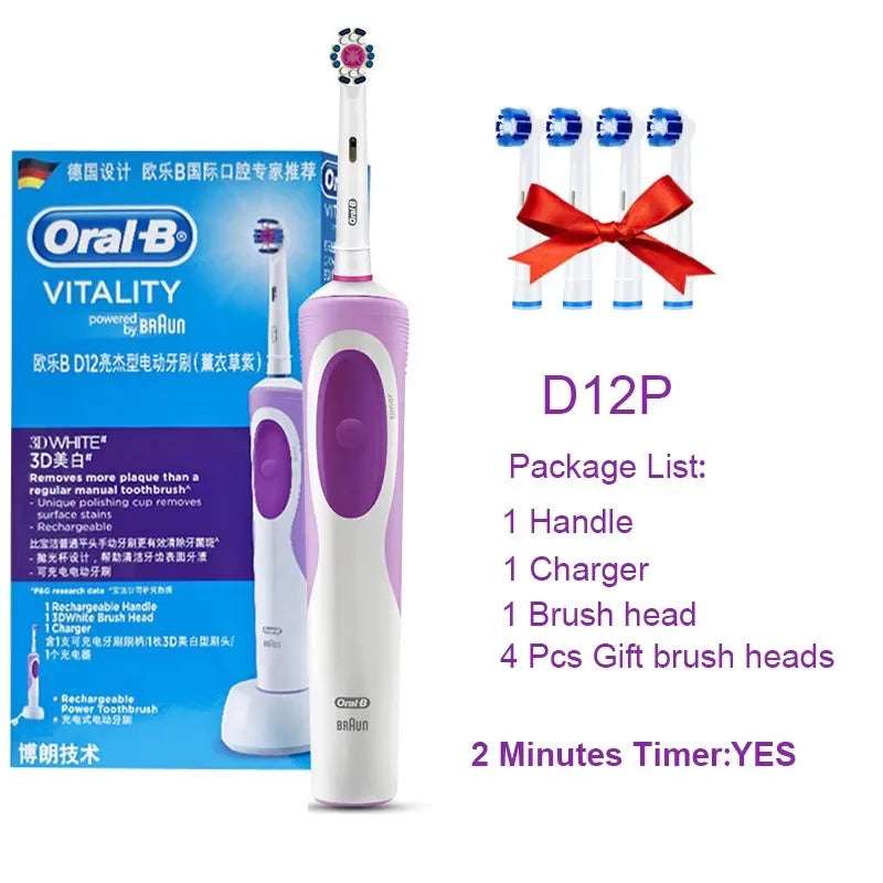 Electric toothbrush set, white handle with purple detail, charger and 4 gift brush heads