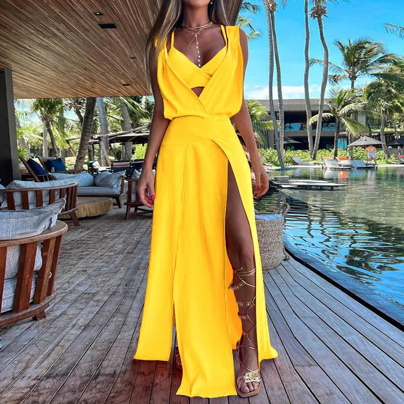 New Sexy Sets Women Summer Beach Style Printed Hollow Out Party Dress Outfit Deep V-Neck Bra Split Dress 2PCS Suits Dropshipping