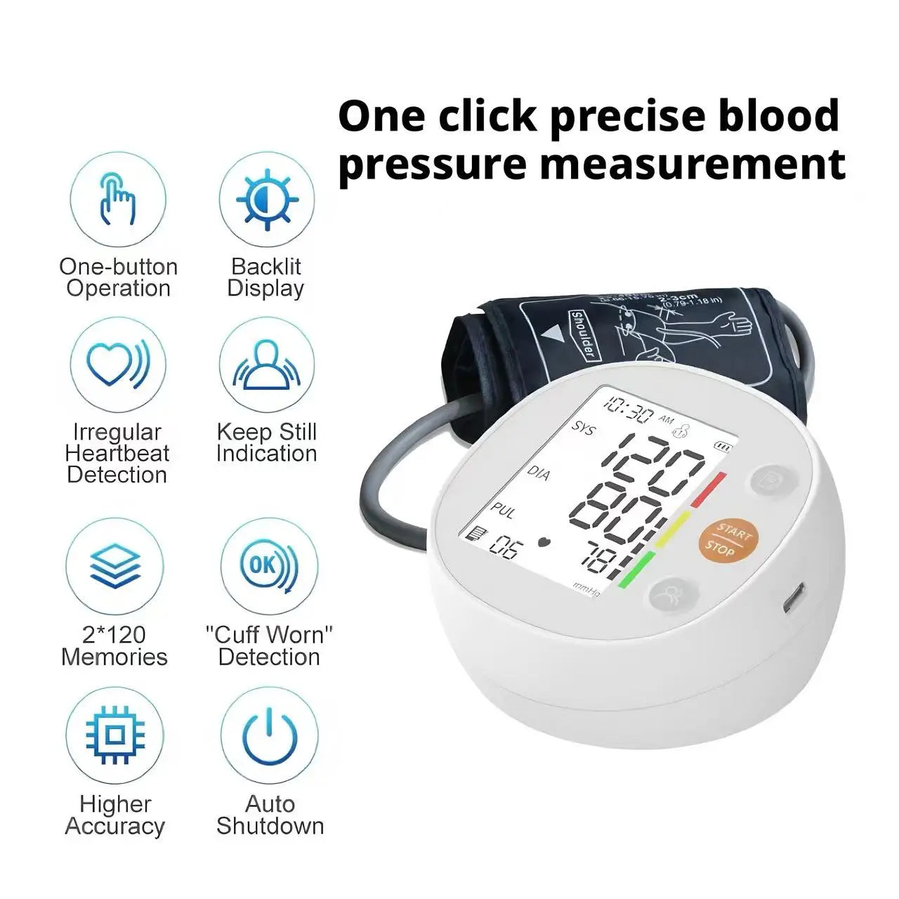 Round Upper Arm Blood Pressure Monitor Automatic Accurate Digital Medical BP Meter Sphygmomanometer for Elderly Home Use