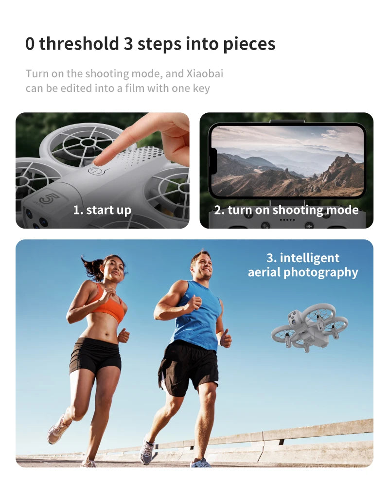 Small gray drone with protected propellers used for intelligent aerial photography, controlled via smartphone.