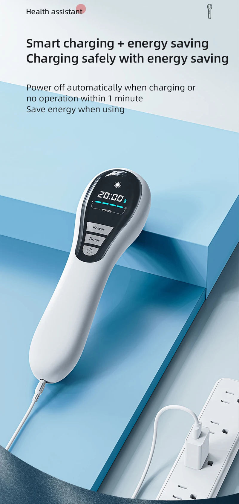Handheld white cold laser therapy device with digital display and power cord for pain relief and arthritis treatment.