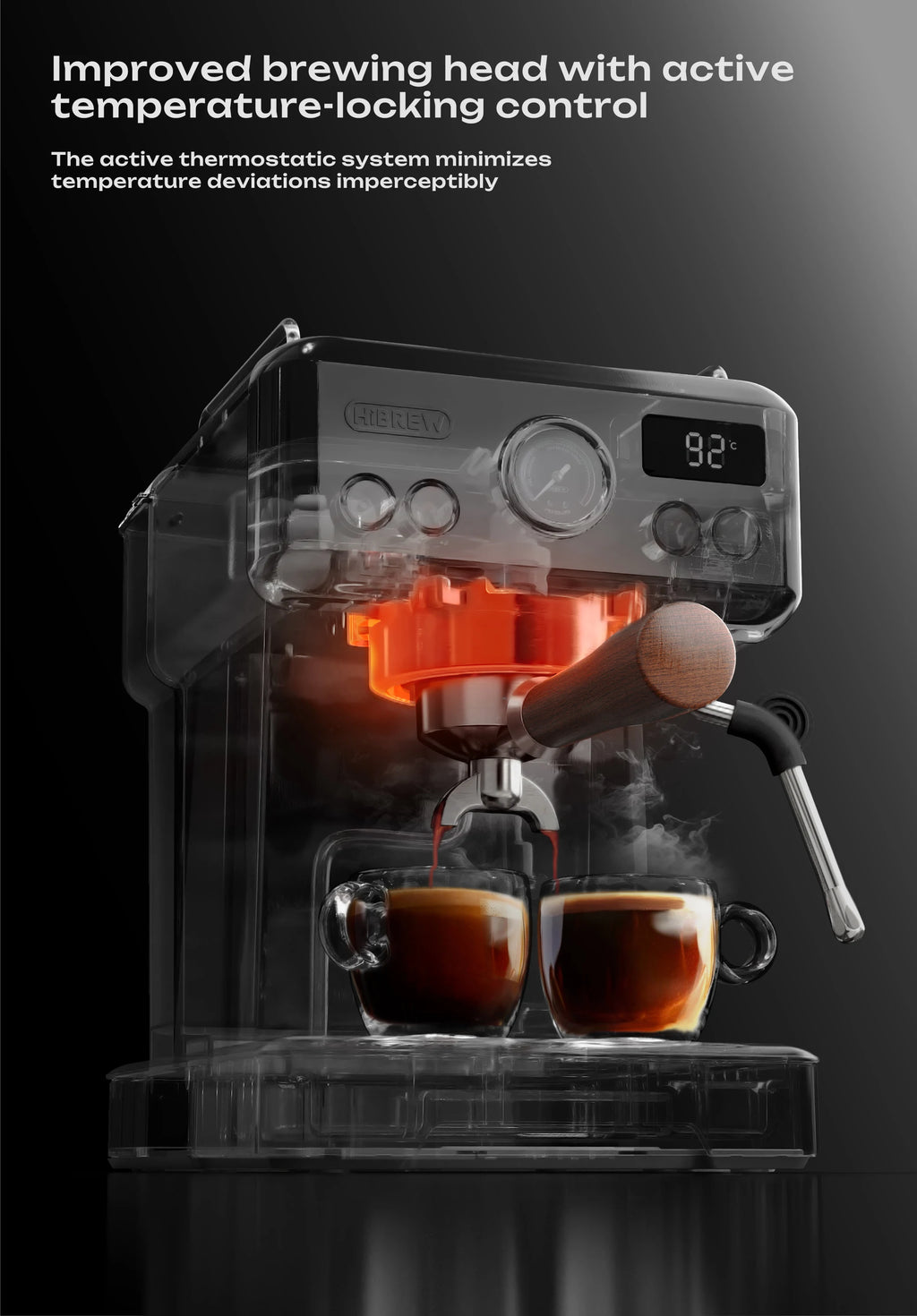 HiBREW transparent espresso machine with digital temperature display, wooden handle portafilter, and dual glass cups.