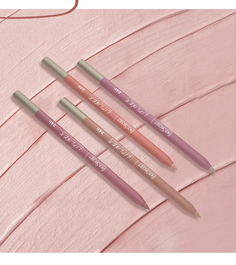Face Secret 24H waterproof matte lipliner pencils in various nude and mauve shades on a textured pink background.