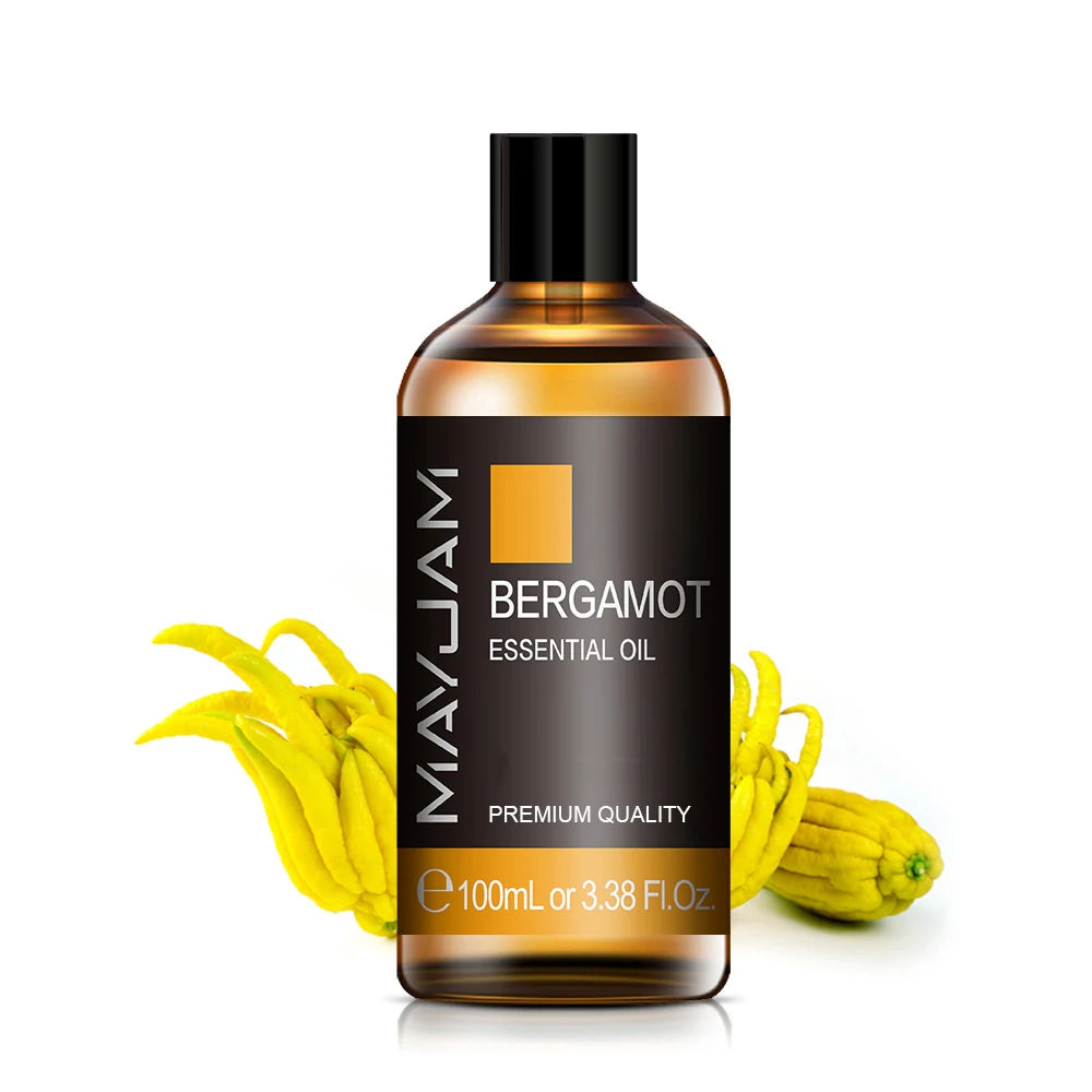 Bergamot essential oil bottle, amber glass with black pump cap, 100ml label