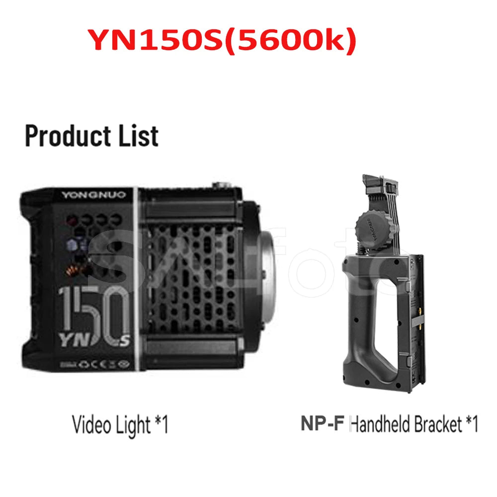 YN150S 5600k black LED video light with perforated metal casing and a matching NP-F handheld battery bracket.