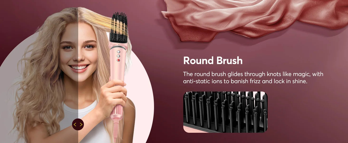 Woman using a rose gold 5-in-1 hot air styler brush with round brush attachment for smooth, frizz-free hair styling.