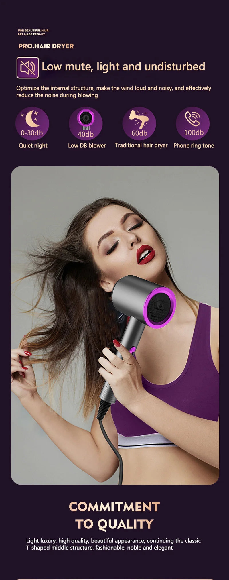 Woman using a quiet, high-speed gray T-shaped professional hair dryer with a vibrant purple ring styling attachment.