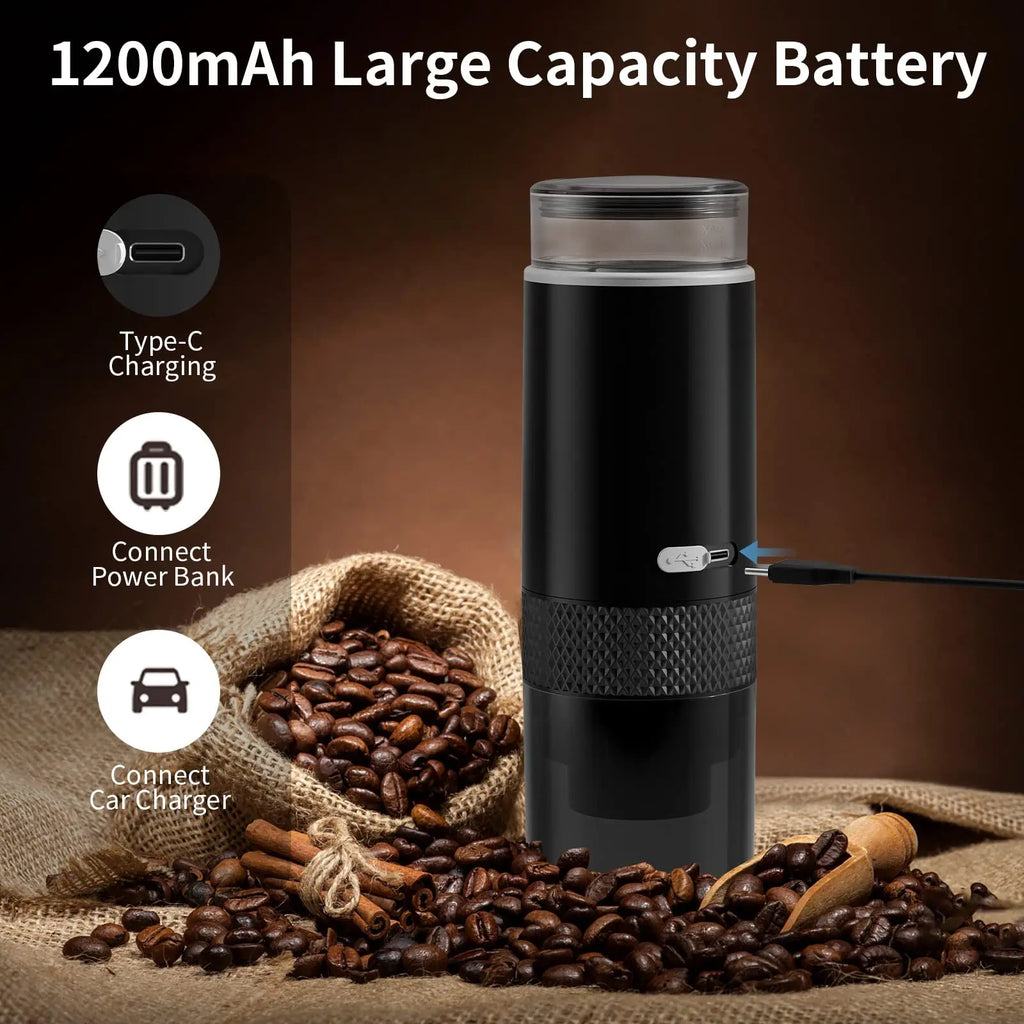 Black portable espresso coffee maker with 1200mAh battery, Type-C charging, and sleek matte finish on bean background.