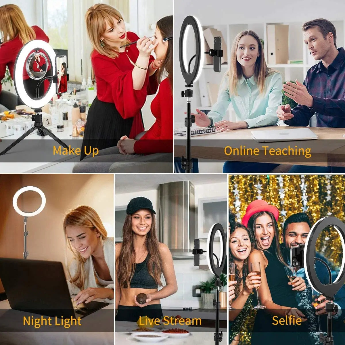 Circular LED ring light with phone holder on adjustable tripod stand for makeup, streaming, photography, and video.
