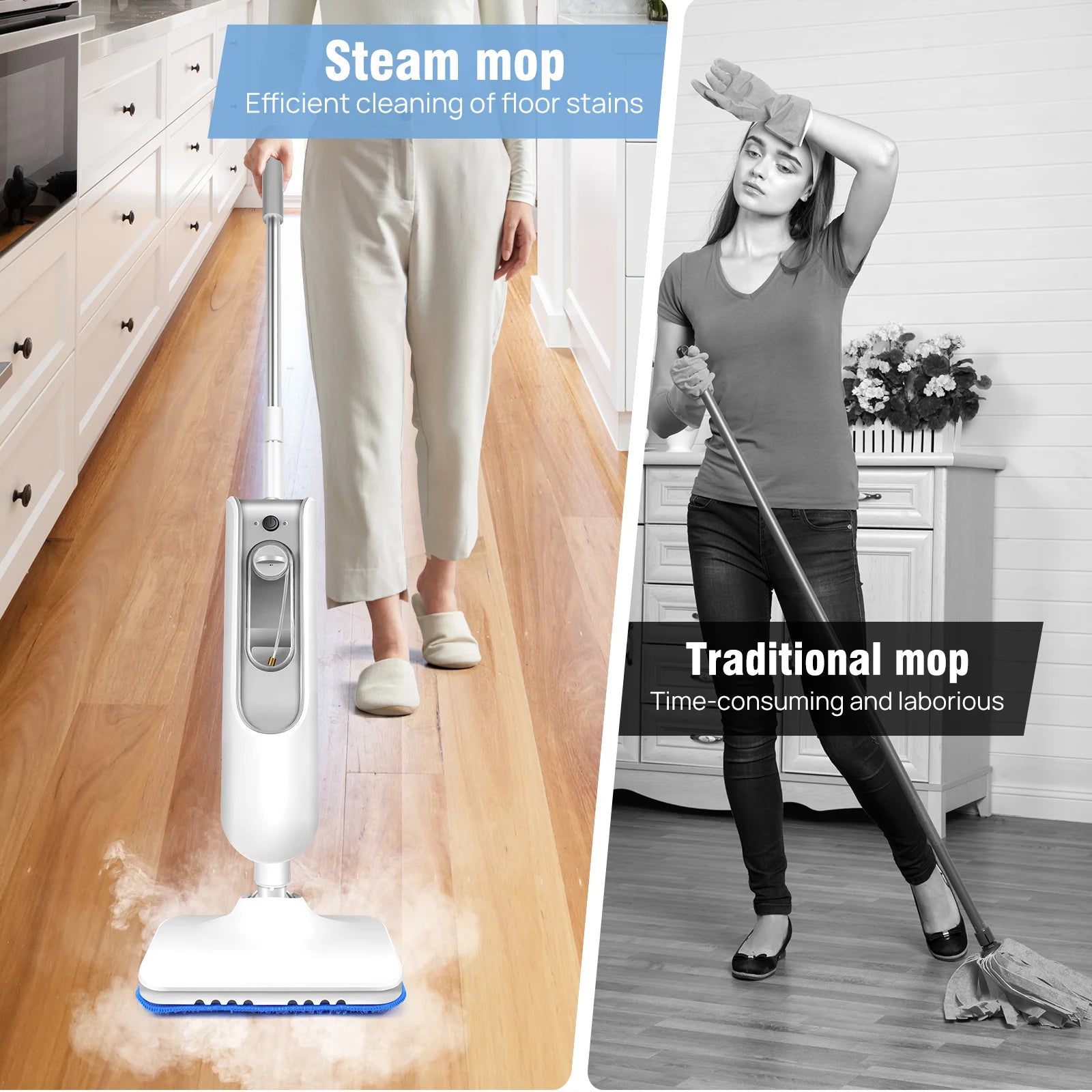 Tidesmit DayPlus 1500W steam mop and detachable handheld cleaner showing 400ml tank and washable cleaning pads