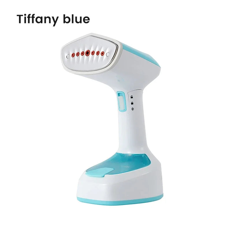 Handheld garment steamer in Tiffany blue with steam nozzle and control buttons