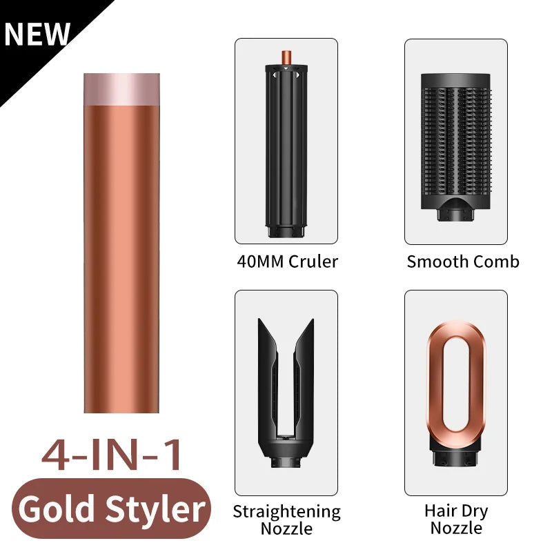 SenCiciMen 4-in-1 gold hair styler set with curling iron, smooth comb, straightening and blow dryer nozzle attachments.