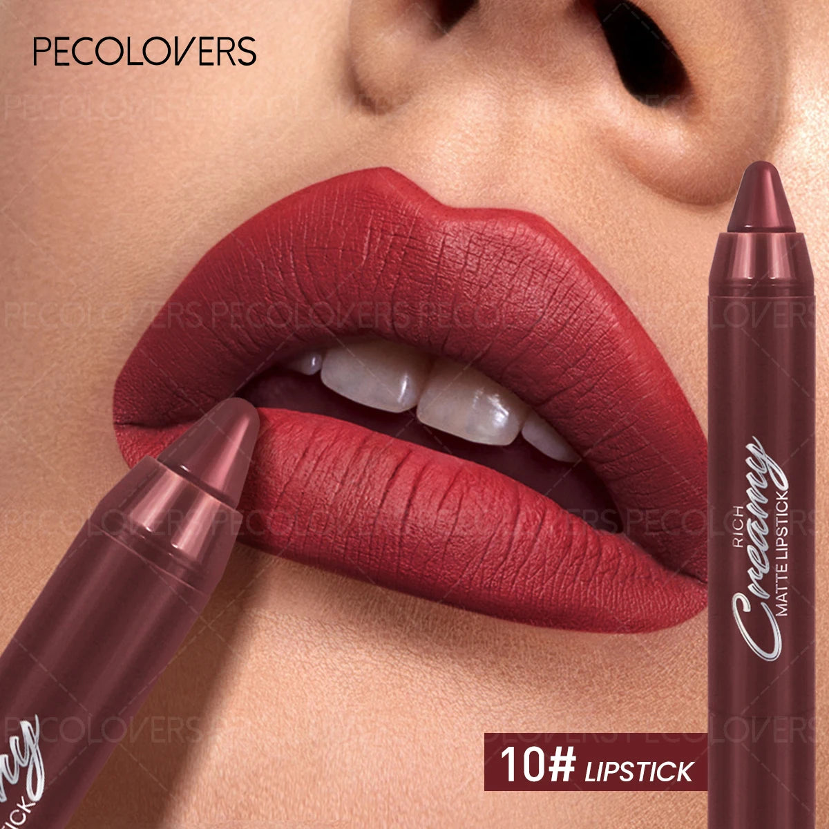 Matte deep red lipstick pencil creating plump, defined contours for a long-lasting, smooth lip makeup look.