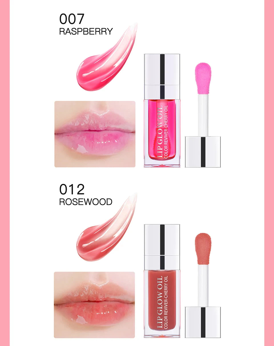 Moisturizing crystal jelly lip gloss oil in Raspberry and Rosewood shades for a glossy, plumping, tinted lip makeup look.