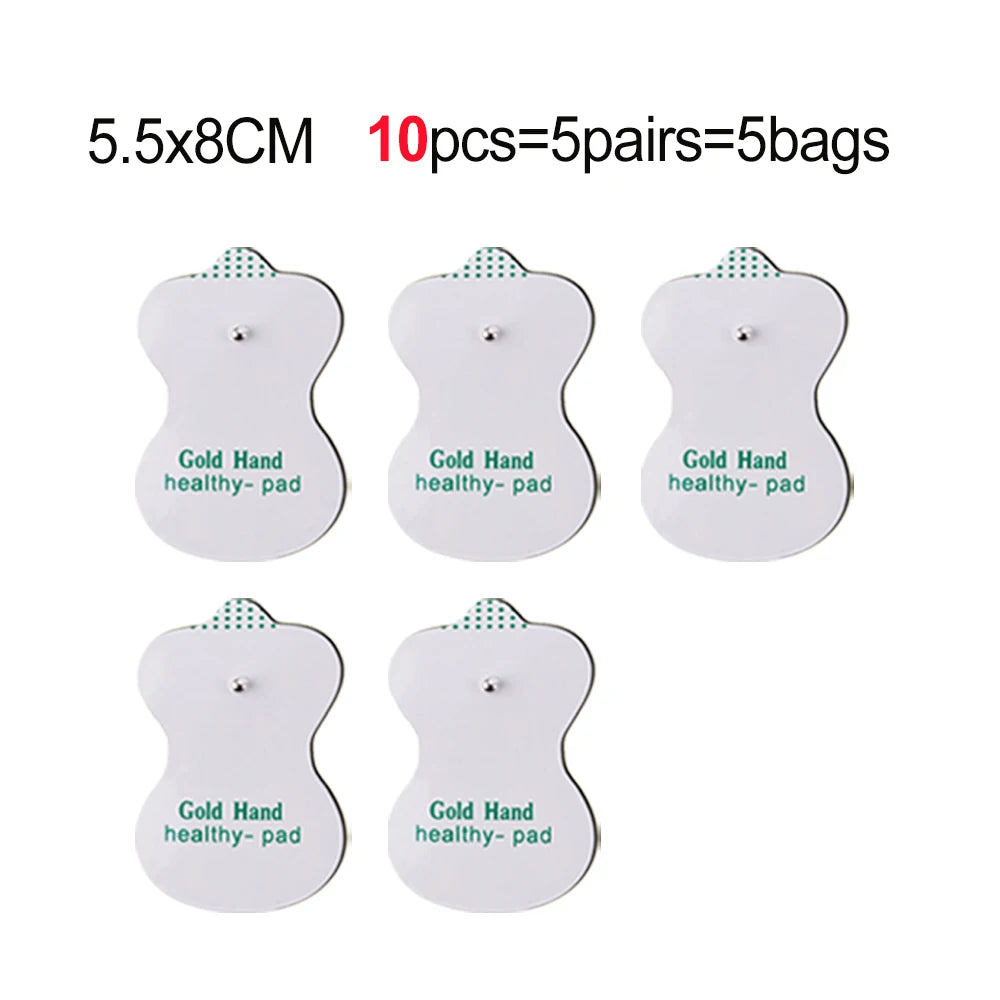 Five white, figure-eight shaped TENS unit electrode pads with metal snaps, 5.5x8cm, for muscle stimulation therapy.