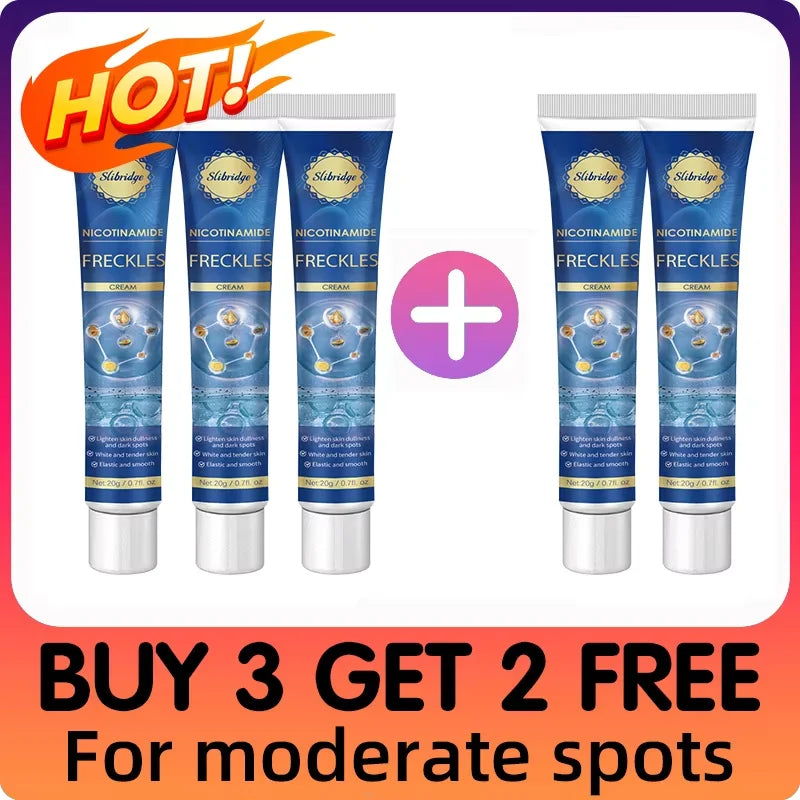 Five tubes of Slibridge Nicotinamide Freckle Cream in blue packaging, displayed with a "Buy 3 Get 2 Free" promotion.