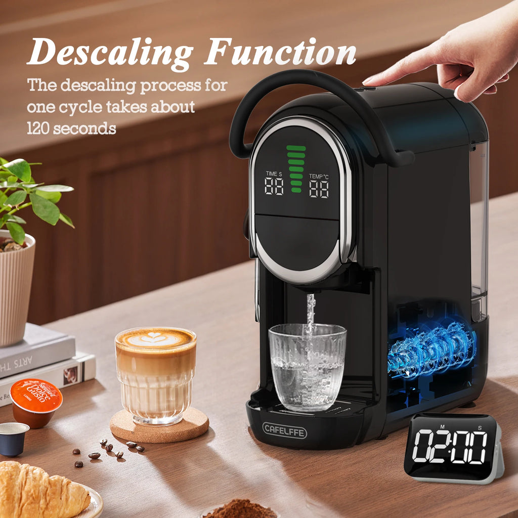 Black Cafelffe capsule coffee maker with digital display and descaling function showing 120-second cleaning cycle.