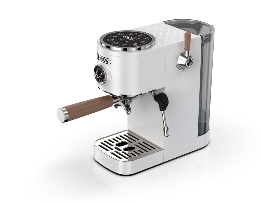 HiBREW white espresso coffee machine with digital touch panel, wooden handle, steam wand, and water tank on white.